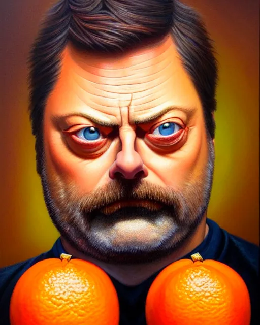 Image similar to detailed portrait of nick offerman as an oranges! ( citrus fruit ) by tomasz alen kopera and peter mohrbacher and johanna martine! and margaret keane! coherent luminescent