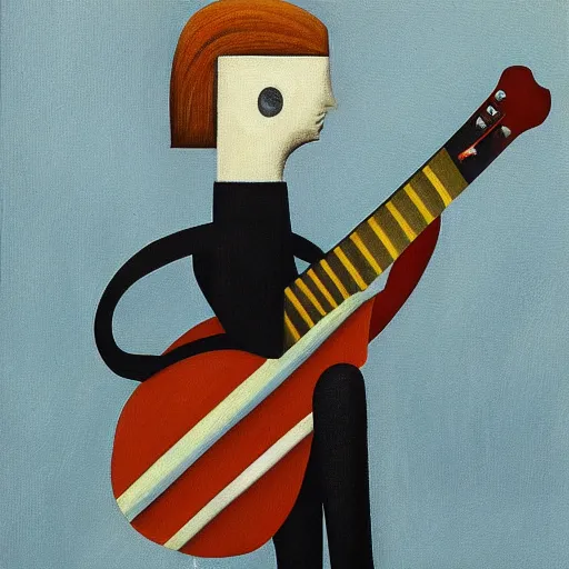 Image similar to a painting of a man wearing striped shirt, playing the guitar by gertrude abercrombie. precisionism, surrealism, dark, low contrast, featured on pixiv, art on instagram, detailed painting