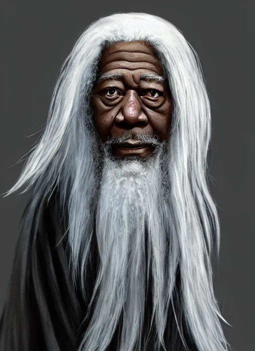 Image similar to evil morgan freeman as evil wizard saurman the white, long white hair and white beard, beautiful pure white warlock flowing robes, long black wizard staff by alan lee, lord of the rings, smooth, oil painting, matte painting, concept art, trending on artstation, promotional artwork, film still, elegant, photorealistic facial features, intricate, detailed face, cinematic lighting