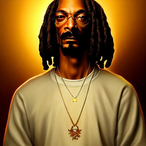 Image similar to intense portrait of the snoop dog, intricate, elegant, highly detailed, my rendition, digital painting, artstation, concept art, smooth, sharp focus, radiant light, illustration, art by artgerm and greg rutkowski and alphonse mucha