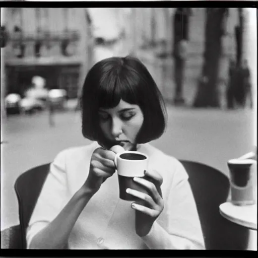 Prompt: grainy abstract expired film photo of a woman drinking coffee, 1960s Paris by Henri Cartier-Bresson, 50mm lens cinematic, black and white filter
