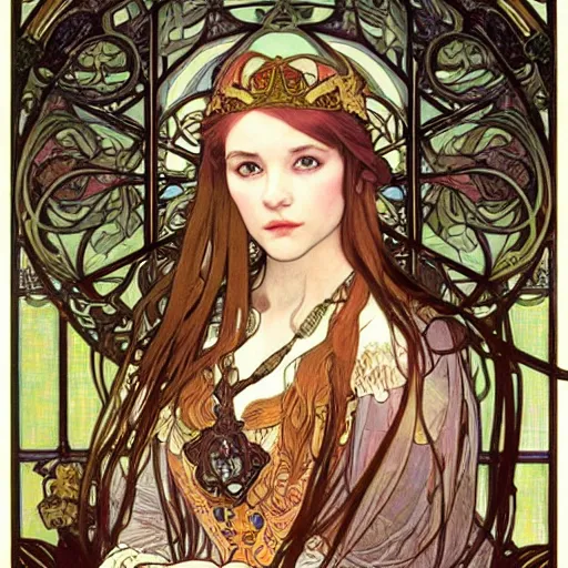 Prompt: realistic detailed face portrait of a beautiful young medieval Queen of Mulberry Trees by Alphonse Mucha, Ayami Kojima, Amano, Greg Hildebrandt, and Mark Brooks, Art Nouveau, Neo-Gothic, gothic