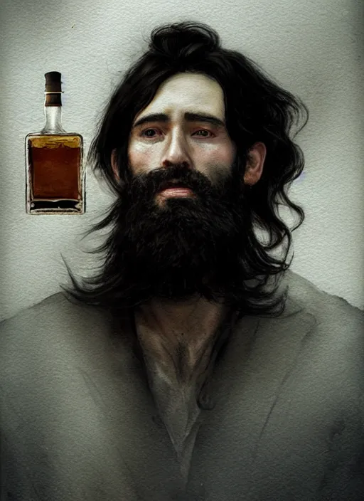 Image similar to portrait, a handsome small Frenchman with beard and long black hair toasting with whiskey, watercolor, dramatic lighting, cinematic, establishing shot, extremely high detail, foto realistic, cinematic lighting, digital art, by Yoshitaka Amano, Ruan Jia, Kentaro Miura, Artgerm, post processed, concept art, artstation, matte painting, style by eddie mendoza, raphael lacoste, alex ross