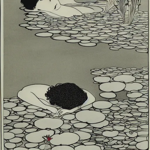 Image similar to A girl bathes in a lake where water lilies are floating, lithography by Aubrey Beardsley, High definition, detailed,