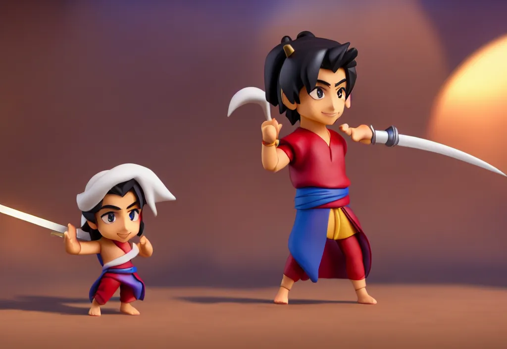 Image similar to side view of a walking young aladdin with arabian sword as nendoroid, 8 k, hd, dof, kodak film, volumetric lighting, subsurface scattering, photorealistic, octane render