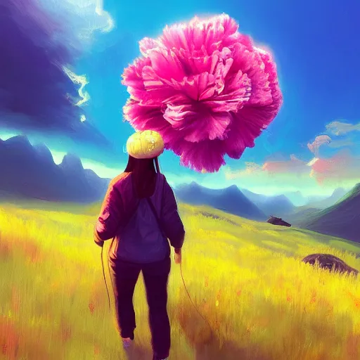 Image similar to giant carnation flower as a head, girl hiking in the mountains, surreal photography, sunrise, dramatic light, impressionist painting, colorful clouds, digital painting, artstation, simon stalenhag