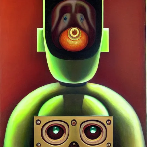 Image similar to super - intelligent robot with kind eyes portrait, pj crook, ( ( ( grant wood ) ) ), pj crook, ( ( ( edward hopper ) ) ), oil on canvas