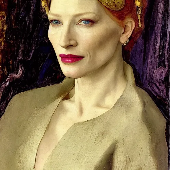 Image similar to cate blanchett by Annie Swynnerton and Nicholas Roerich and Vermeer, strong dramatic cinematic lighting , ornate headdress , lost civilizations, smooth, sharp focus, extremely detailed