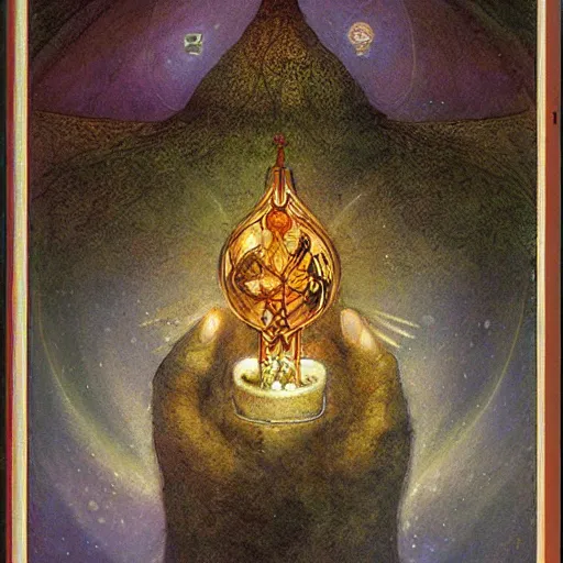 Prompt: sacred temple in the shape of a bulb which emits a strong light many moths gravitate around, by brian froud