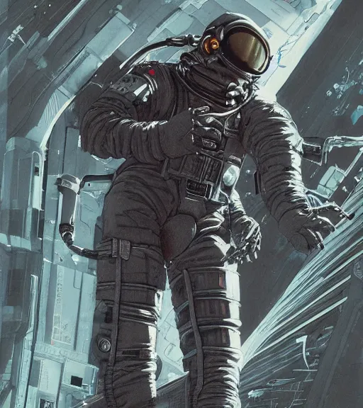 Image similar to realistic cyberpunk engineer with long limbs and a black spacesuit on a spacewalk, techwear, dead space, visible face, Industrial Scifi, detailed illustration, character portrait, by Ashley Wood and Moebius