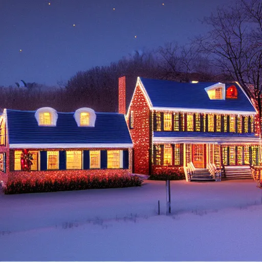 Image similar to christmas in a new england town physically based render, night backlit, 1 9 6 0 s