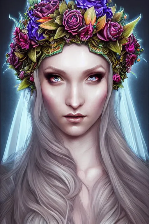 Prompt: digital art, centered elven bride, vivid flower crown ,intricate, veins, by James Jean and by artgerm , ultradetailed, charachter design, concept art, trending on artstation,