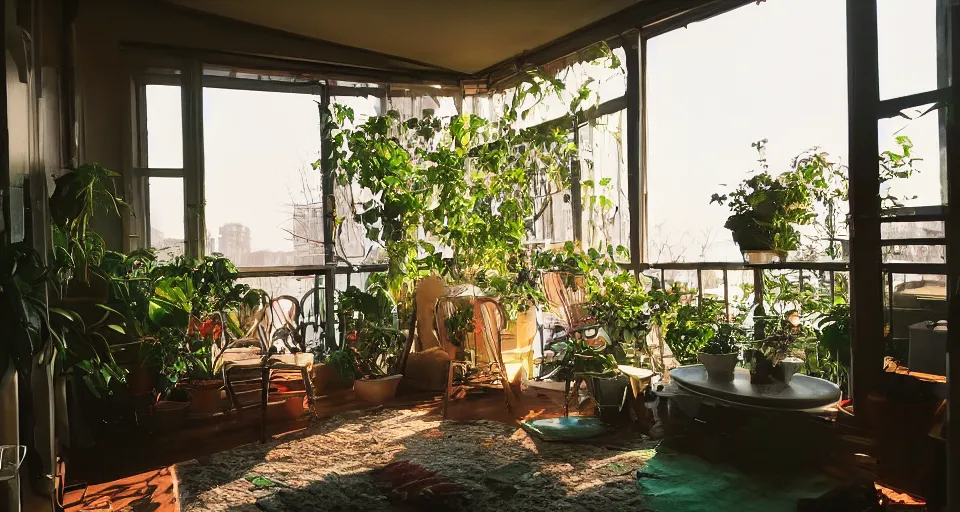 Prompt: a cozy appartment with an overgrown balcony, studio Ghibli style, golden hour