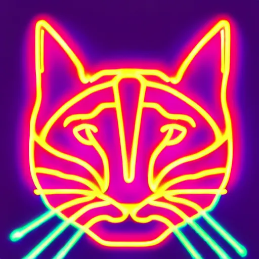 Image similar to cat head outline, portrait, vaporwave, synthwave, neon, vector graphics, cinematic, volumetric lighting, f 8 aperture, cinematic eastman 5 3 8 4 film, lightning in background