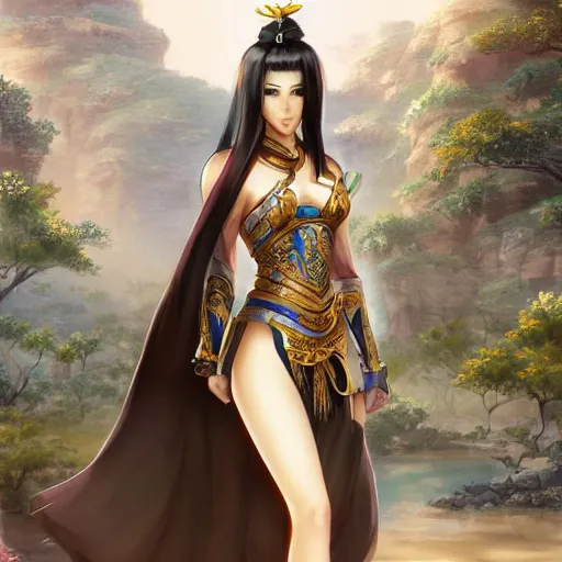 Prompt: ancient asian dynasty princess, three kingdom, dynasty warriors, standing in an oasis in the desert, anime movie, beautiful, elegant, headshot, long black hair, digital painting, smooth, concept art, art by makoto shinkai, wlop, livia prima, artgerm, greg rutkowski