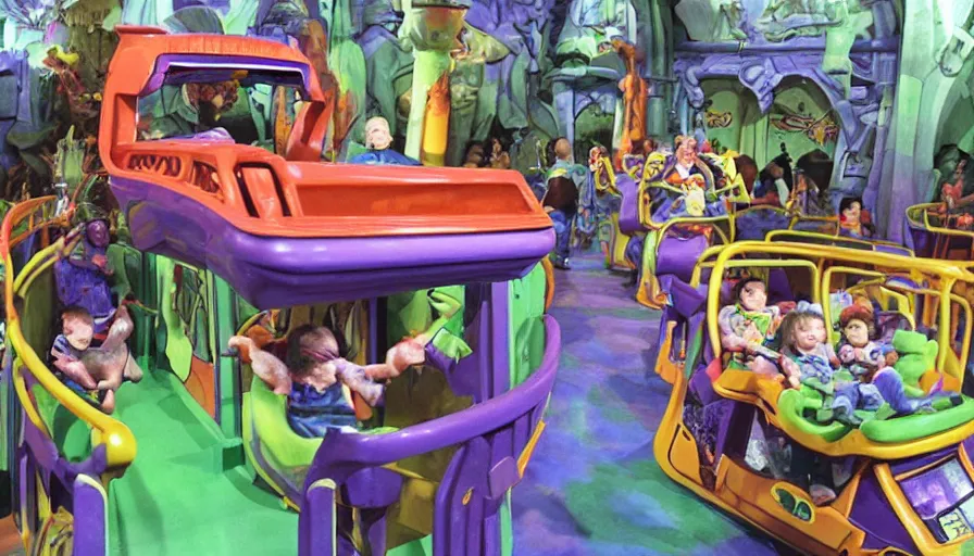 Image similar to 1990s photo of inside the Rugrats show ride at Universal Studios in Orlando, Florida, children riding in baby walkers battling Reptar, cinematic, UHD