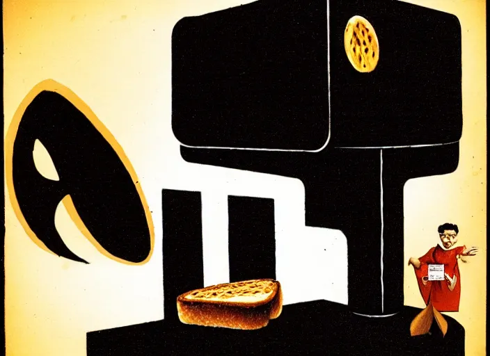 Image similar to anthropomorphic piece of toast in front of a podium, by marco bucci and frank frazetta