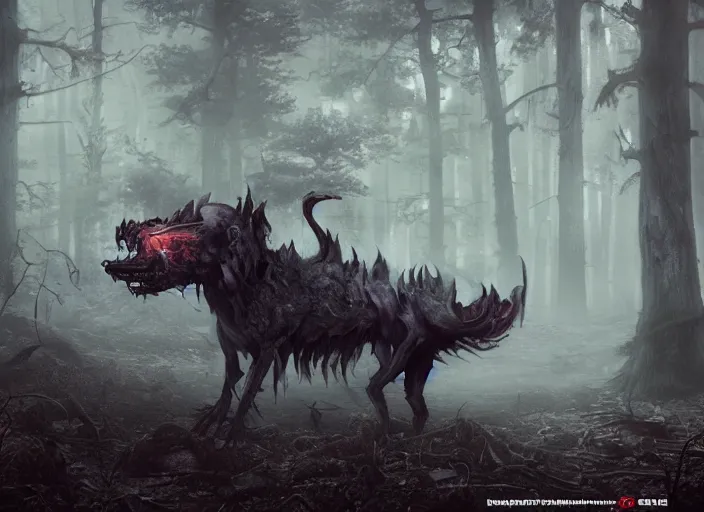 Prompt: concept art of a demon hound on a foggy forest, big trees, skeletons, creepy, epic painting, dark concept art, octane render, extremely detailed