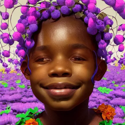 Image similar to colourful vfx art - portrait of smiling nigerian boy wrapped in flowers & vines, art by hsiao - ron cheng & james jean, volumetric light, ray tracing, sharp, detailed, digital painting, illustration, highly detailed, intricate detail, unreal engine, octane render, pinterest, behance, art station,