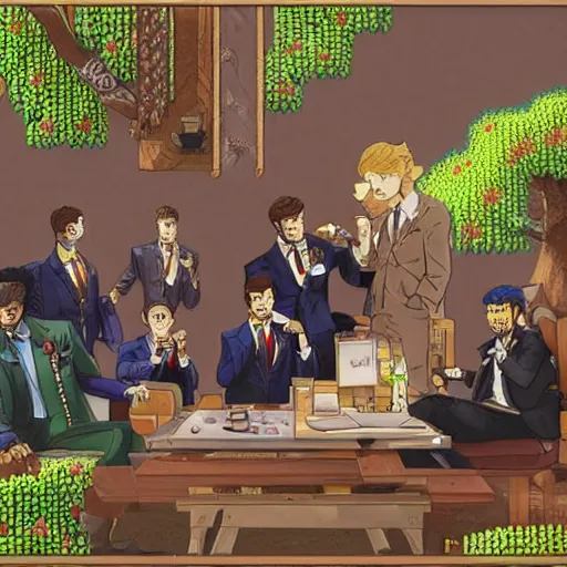 Prompt: a group of gentlemen!!!!! with classy suits enjoying ( ( ( terraria ) ) ) while drinking their tea, masterpiece, ultra realistic, intricate details, concept art, highly detailed, photorealistic, dynamic lighting