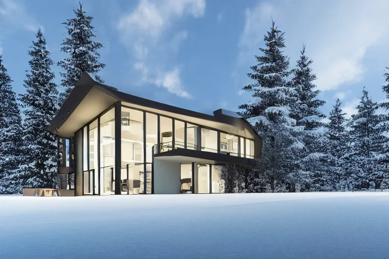 Image similar to modern modern fachwerk house with in the forest on the foot of Elbrus mountain covered by snow on the background, architecture, 3d render 8k , high details