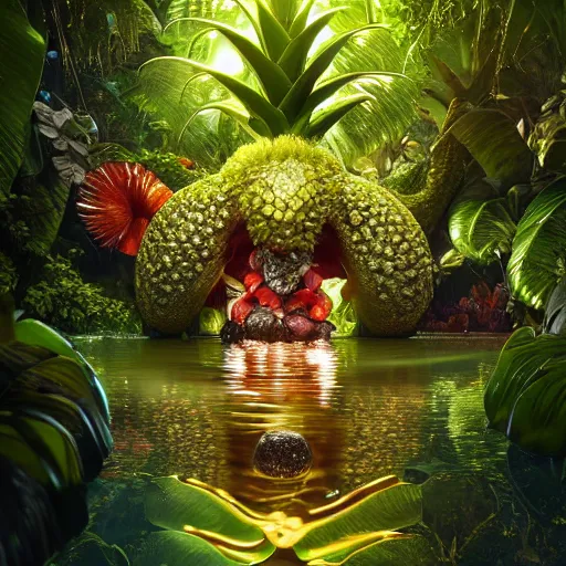 Image similar to tropical fruit creature in a lush trunda vegetation, water reflection, night, backlit, warm tones, bioluminescent : by michal karcz, daniel merriam, victo ngai and guillermo del toro : ornate, dynamic, particulate, intricate, elegant, highly detailed, centered, artstation, smooth, sharp focus, octane render