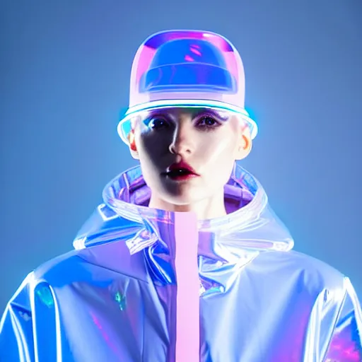 Image similar to an ultra high definition professional studio quality portrait photograph of an artificial celebrity cyberpunk pop star wearing a transparent iridescent perspex pastel coloured face visor and matching raincoat in an empty white room. dramatic lighting. volumetric shadows. light rays