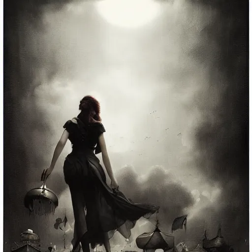 Image similar to By Tom Bagshaw, ultra realist soft painting of a curiosity carnival by night, a beautiful gunslinger in detective wear, symmetry accurate features, very intricate details, ominous sky, black and white, volumetric light clouds