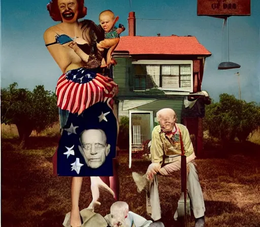 Image similar to full color american nightmare, joel peter witkin photo of 1 9 5 0 s suburban family, capitalist propaganda meets body horror, patriotic nihilism, annie liebovitz, bosch, disney