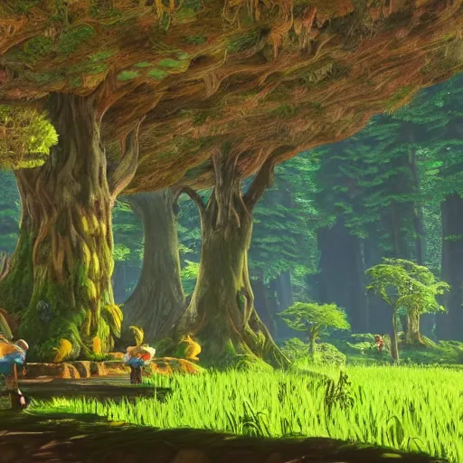 Prompt: forest fairy kingdom, Beautiful Landscape, wide angle, by Miyazaki, Nausicaa Ghibli, Breath of The Wild