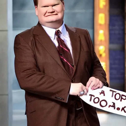 Image similar to Andy Richter is wearing a chocolate brown suit and necktie, holding a sign that reads Stop making these images of me of I WILL tell Conan!! Andy has a stern look on his face