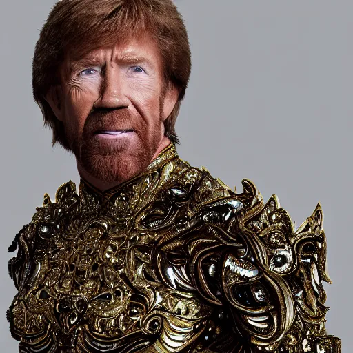 Image similar to 8 5 mm f 1. 8 photograph of chuck norris wearing an ornate costume by iris van herpen, highly detailed, digital painting, artstation, smooth, sharp foccus, commercial photography, fashion shoot