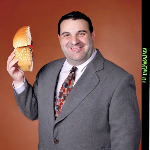 Image similar to clean - shaven smiling white chubby italian american man in his 4 0 s wearing a brown overcoat overcoat overcoat and necktie holding a giant burger, 2 0 0 0 avertising promo shot