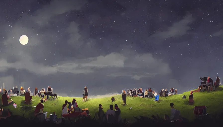 Prompt: people sitting on a hill watching chicago at night. the sky had stars and a full moon. hyperdetailed, artstation, cgsociety, 8 k