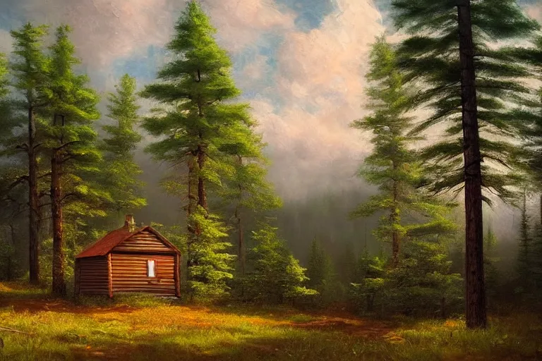 Image similar to small wooden cabin in the distance in pine forest, clouds, national geographic, beautiful nature, trees, very detailed, focused, oil painting, colorful, cinematic lighting, canvas, artstation, Albert Bierstadt, Sydney Mortimer Laurence