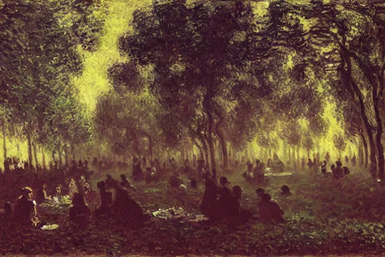 Prompt: a detailed illustration of a god ruining a picnic in the park, nightmare in the park, small crowd of people, calamity, dark storms with lightning, 8 k, art by claude monet and andreas rocha and albert bierstadt