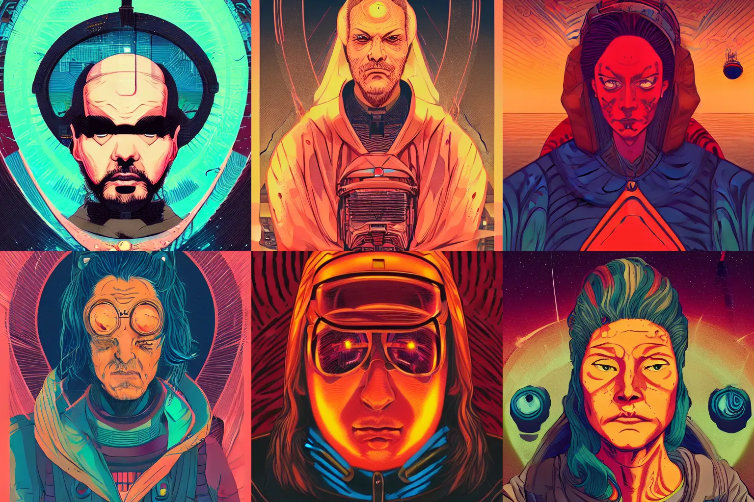 Prompt: portrait headshot of a sci fi spiritual guru, retro cyberpunk clothing, mars sunset by Dan Mumford, ukiyo-e, matte illustration, poster character art, Artstation, head shoulder face, anime, graphic novel, comic book