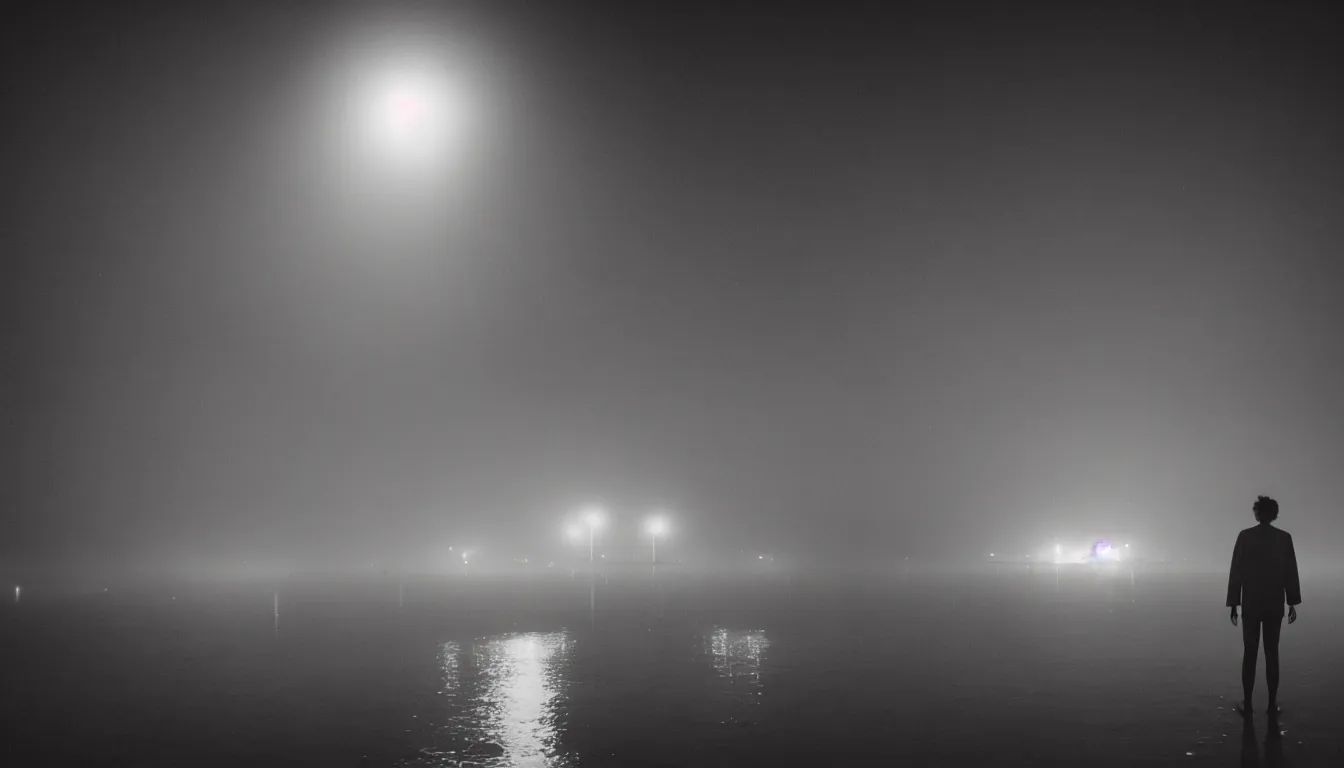 Image similar to 80s asian neon movie still with a lone man levitating over a pier by the river on early morning with city lights behind his back, Fog raising from river, Fallen angels movie still. hyperrealistic, photorealistic, high definition, medium format photography, highly detailed, tehnicolor, anamorphic 50mm lens