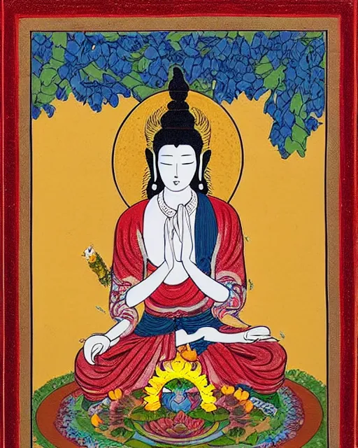 Image similar to beautiful woman reaching nirvana, surrounded by ornaments and flowers