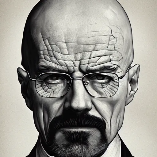 Image similar to !dream portrait of Walter White, elegant, intricate, headshot, highly detailed, digital painting,black and white, artstation, concept art, sharp focus, illustration, art by artgerm and greg rutkowski and alphonse mucha