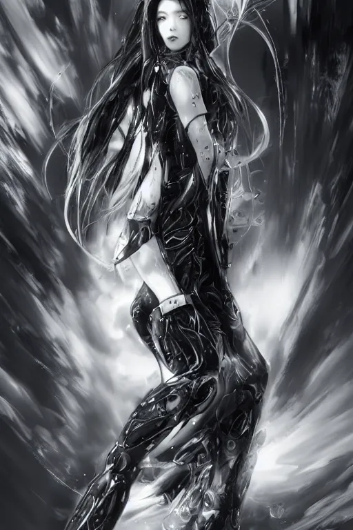 Image similar to a vertical portrait of a character in a scenic environment, black and white, dreamy, cybernetic suit, long straight black hair, highly detailed, by Yoshitaka Amano