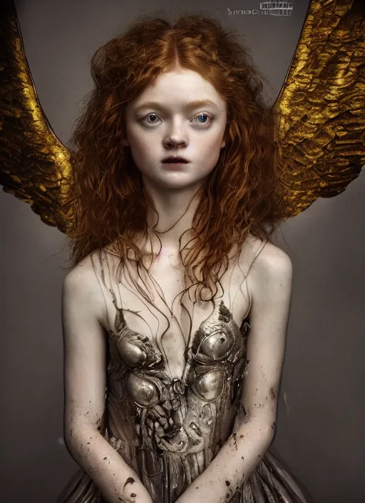 Prompt: sadie sink expressive full body photo of an angels dancing, glamour shot, by jenny saville, by stefan gesell, photorealistic, canon r 3, fashion photography, hyper maximalist, elegant, ornate, luxury, elite, environmental portrait, symmetrical features, octane render, unreal engine, solid dark grey background, dramatic lights