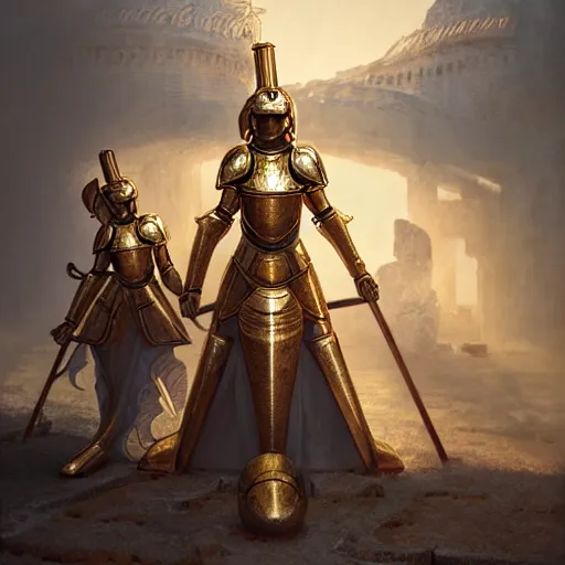 Prompt: An portrait of a female Knights of Zodiac, golden and copper armor, at ancinet Agora of Athens, ruins, Golden Light, illustration, art by greg rutkowski, Daeho Cha and WLOP, volumetric light, lightrays, smoke, cinematic, intricate, hypermaximalist, super detailed