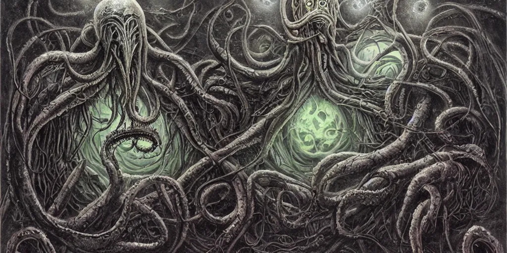 Prompt: elder god yog - sothoth lovecraftian h. p, terror, art by paulc carrick, dave carson, john coulthart, lee brown coye, h. r giger, stephen hickman, 8 k, hd, illumination, lighting, raytracting, dark, lovecraft, arkham, grotesque