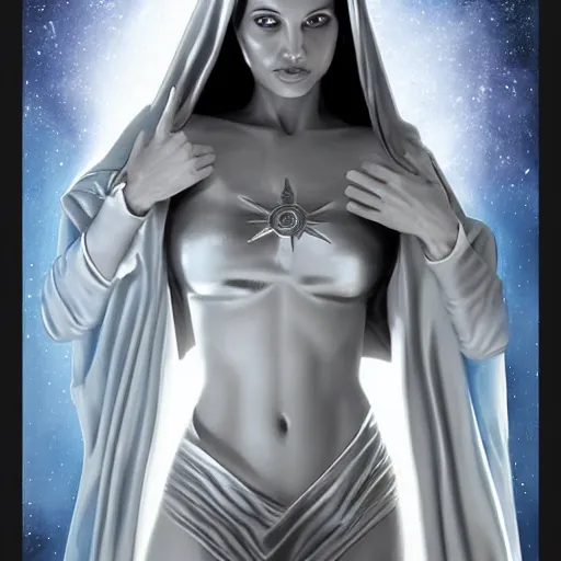 Image similar to young angelina jolie as virgin mary, marvel comics by artgerm,