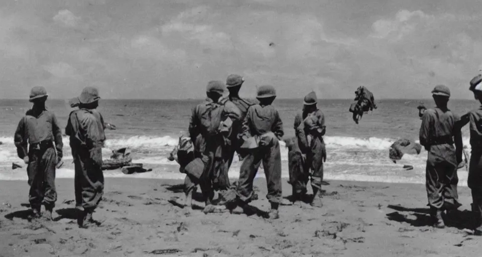 Image similar to 1940s photo, long shot, 5 soldiers looking at a huge creature washed up on a beach