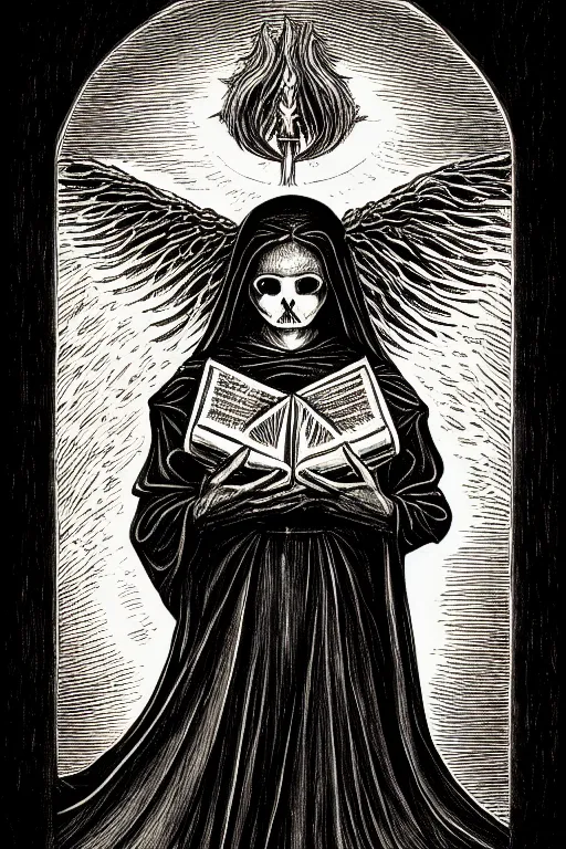 Image similar to dark angel holding a book of necronomicon, tarot card, illustration by lady frieda harris, symmetrical, cinematic, sharp focus, 4 k, ultra hd, sense of awe, sinister demonic atmosphere, dreadful, forbidden knowledge, old gods. demonology