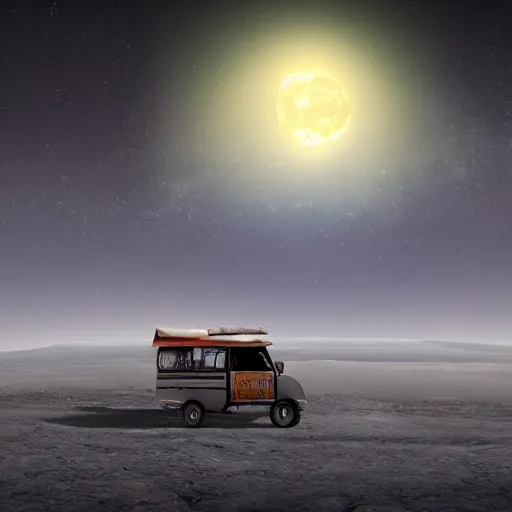 Prompt: a dark auto rickshaw traveling on the surface of the moon, moon craters, night sky, milky way, hard lighting, matte painting, concept art, 4k