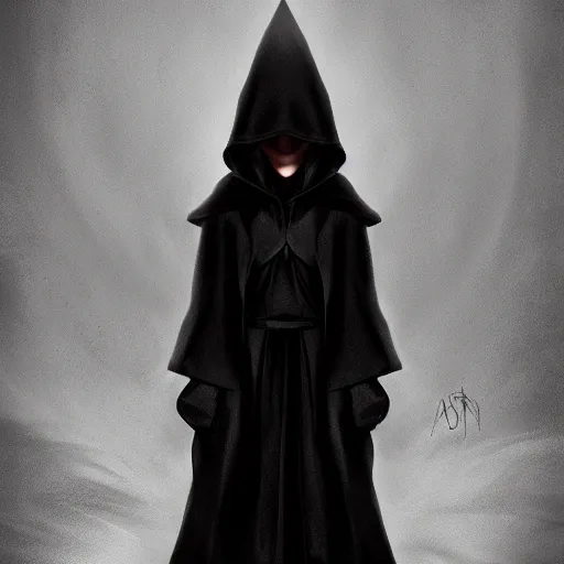 Prompt: Beautiful portrait of a mysterious hooded woman wearing robes all black, face shrouded in darkness, true romance, dark romance, dark fantasy, trending on artstation, cgsociety