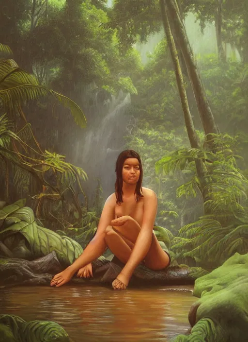 Prompt: a realistic painting of an indigenous woman relaxing near a river in the amazon jungle, highly detailed, trending on devian art, art by christophe vacher